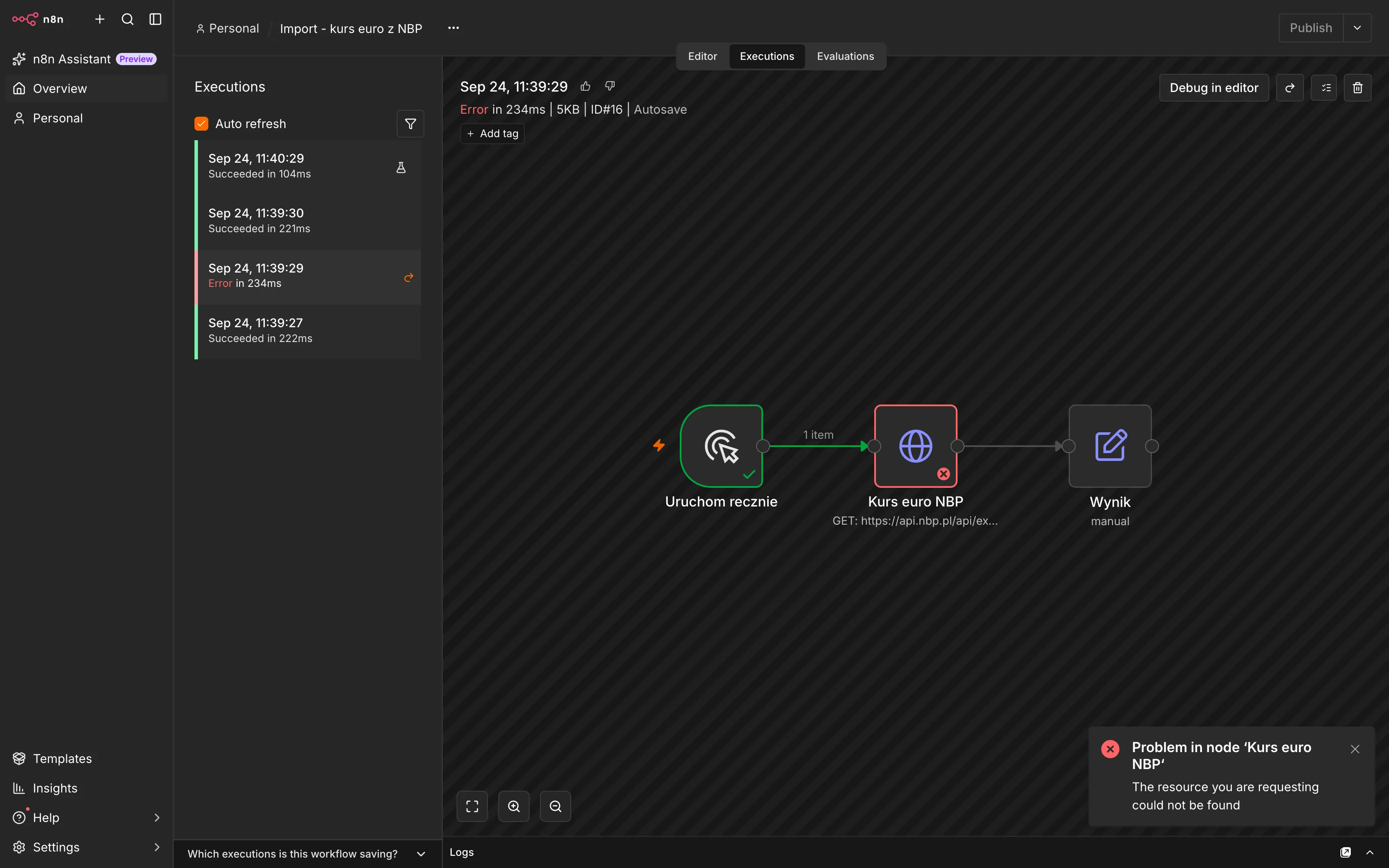 Otwarte wykonanie z błędem w zakładce Executions z przyciskiem Debug in editor