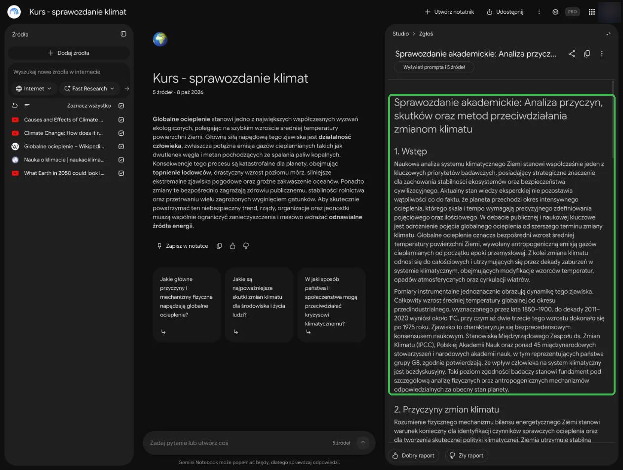 Sprawozdanie otwarte w Studio z tytułem i wstępem