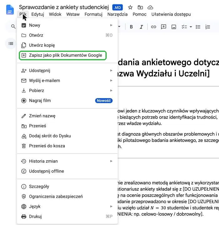 Menu Plik z opcją Zapisz jako plik Dokumentów Google