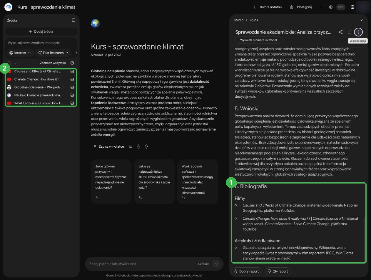 Bibliografia z trzema pozycjami obok listy pięciu źródeł