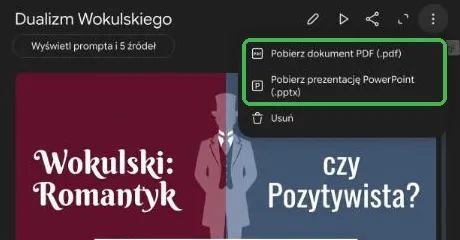 Menu prezentacji z opcjami Pobierz dokument PDF i Pobierz prezentację PowerPoint