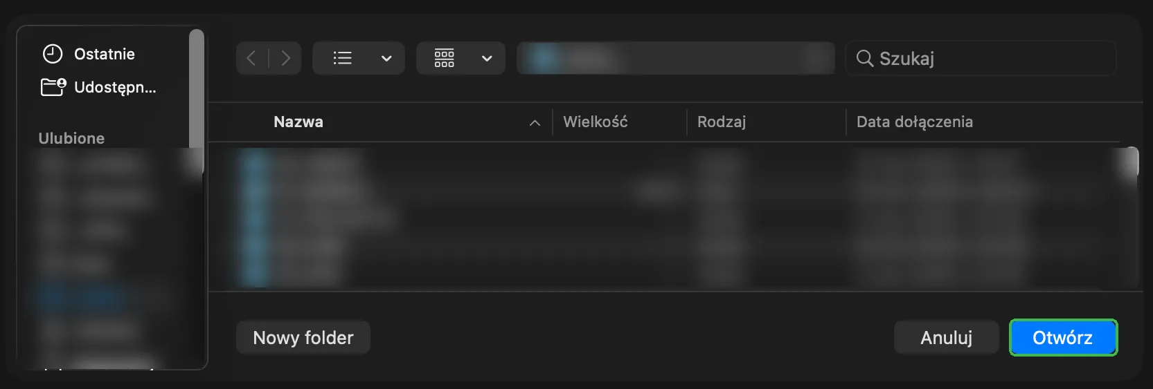 Okno wyboru folderu z przyciskiem Otwórz