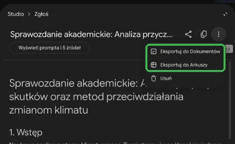 Menu raportu z opcjami Eksportuj do Dokumentów, Eksportuj do Arkuszy i Usuń