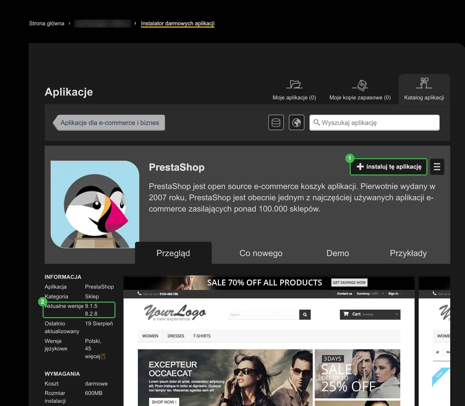 Instalator aplikacji z kartą PrestaShop, przyciskiem instaluj tę aplikację i dostępnymi wersjami 9.1.5 i 8.2.8
