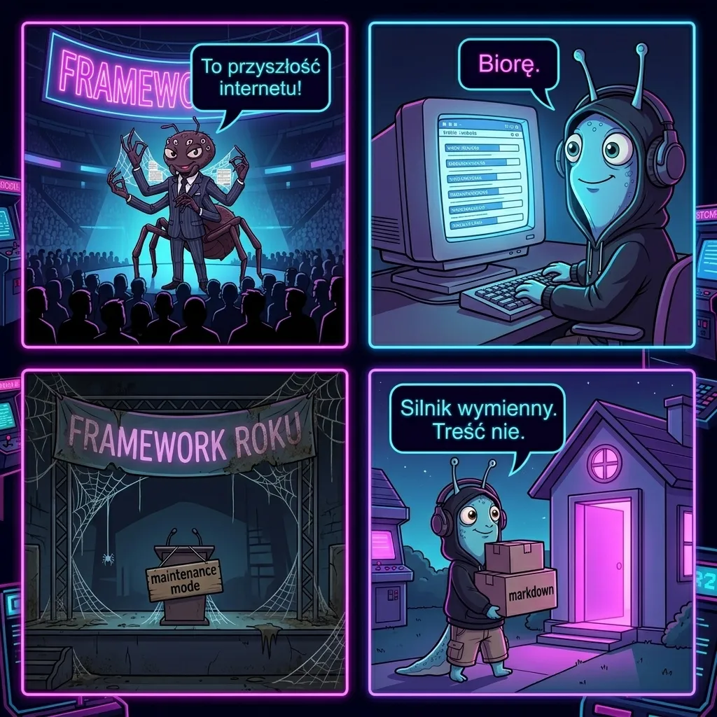 Komiks: framework, który zniknął, i Wolniś przenoszący pliki markdown