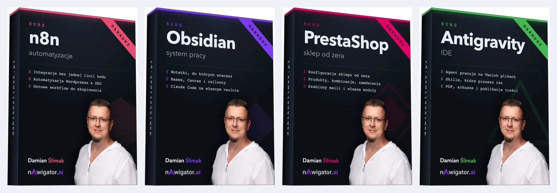 Cztery okładki kursów z jednego szablonu HTML