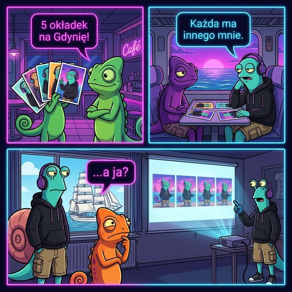 Komiks z Wolnisiem: w trzecim kadrze muszla, kaptur wszędzie zdjęty
