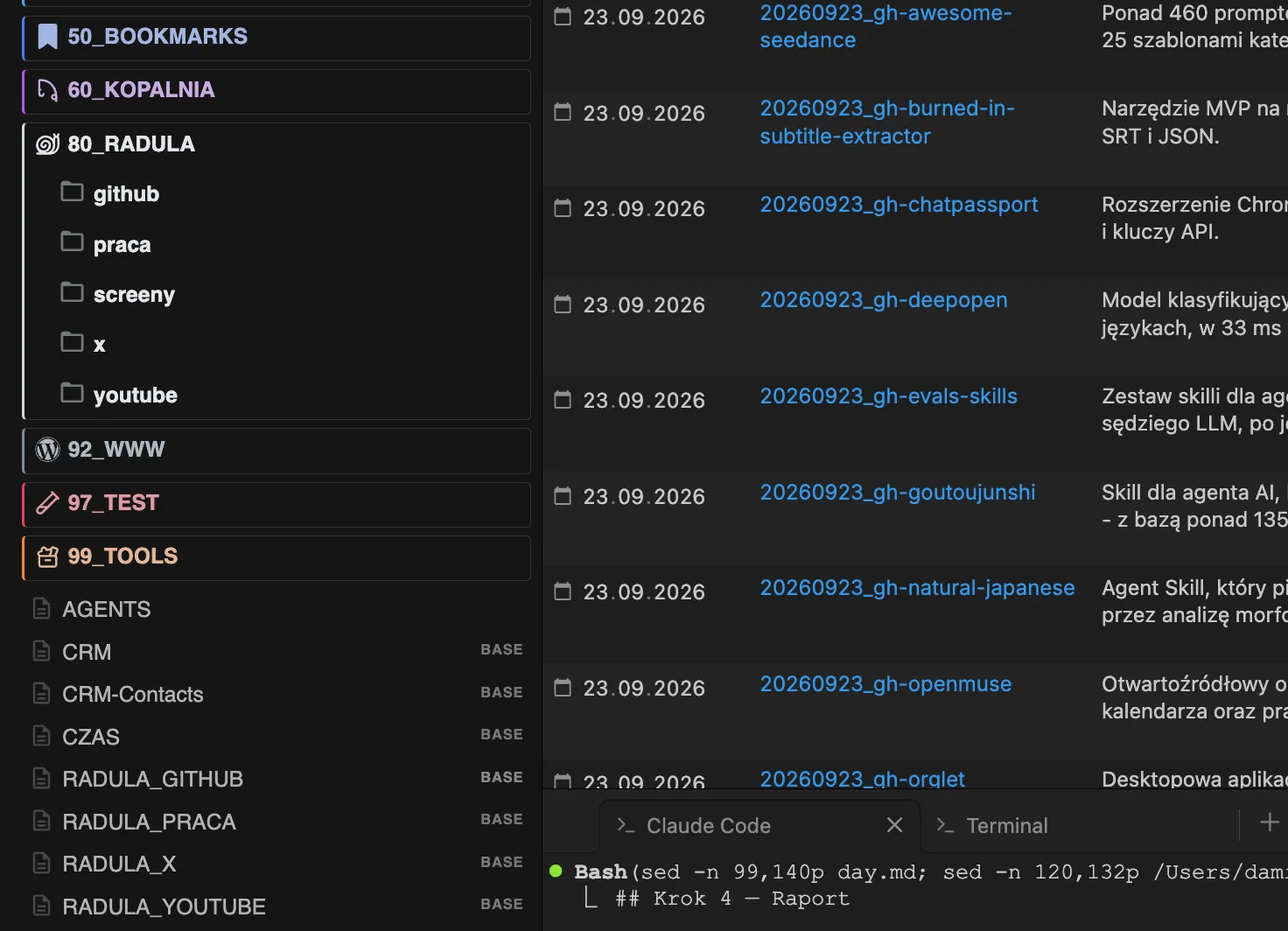 Folder 80_RADULA w eksploratorze Obsidiana z plikami .base dla każdego źródła