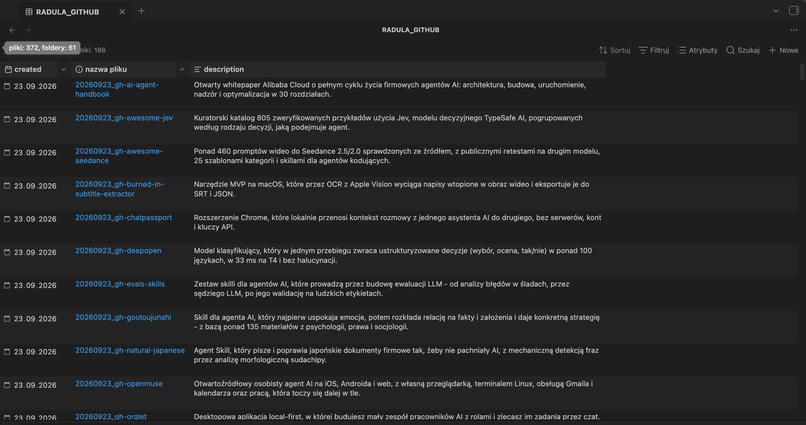 Widok RADULA_GITHUB.base z kolumnami Data, nazwa pliku i Opis