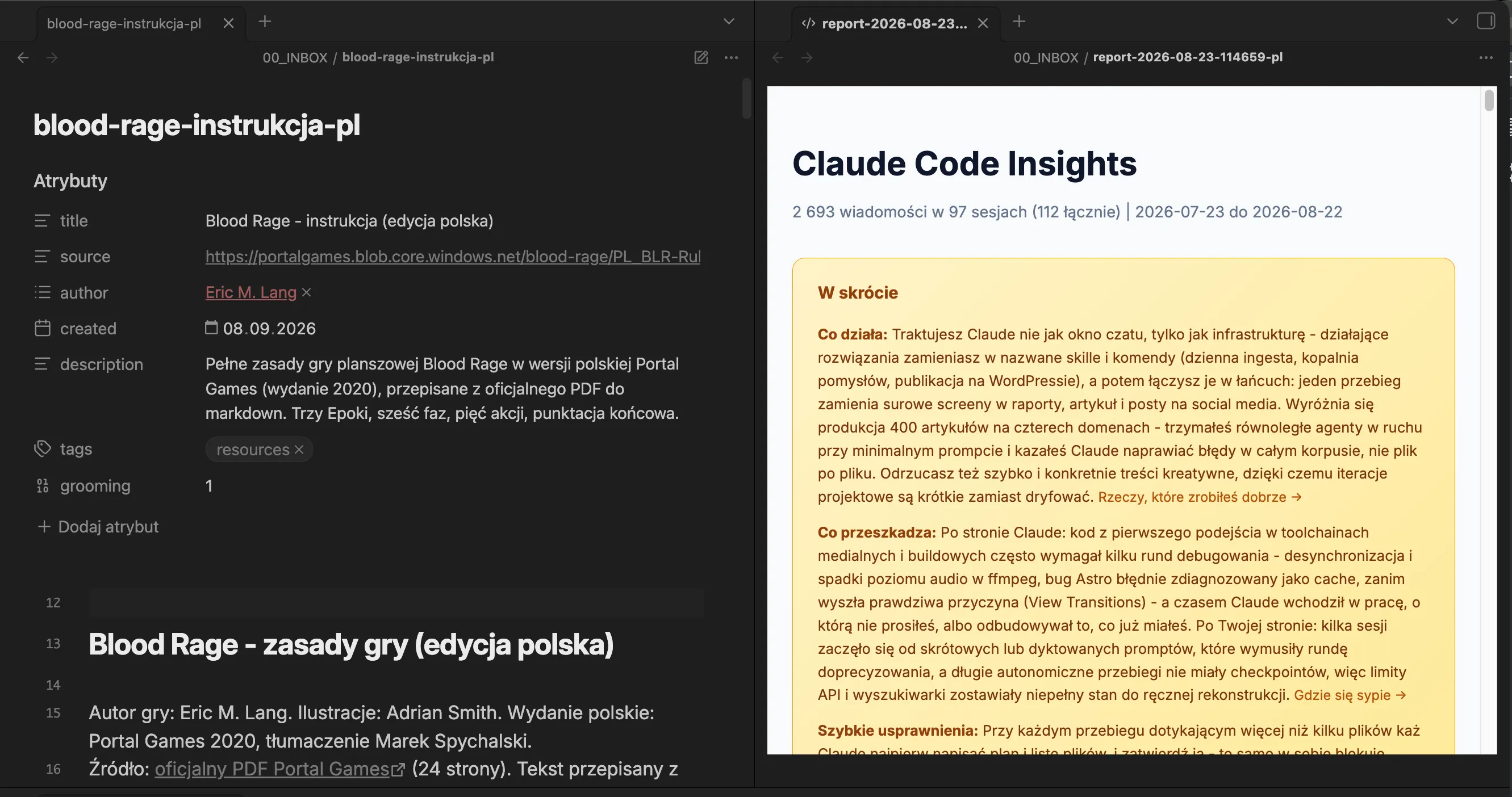 HTML Reader z raportem HTML otwartym w karcie obok notatki markdown