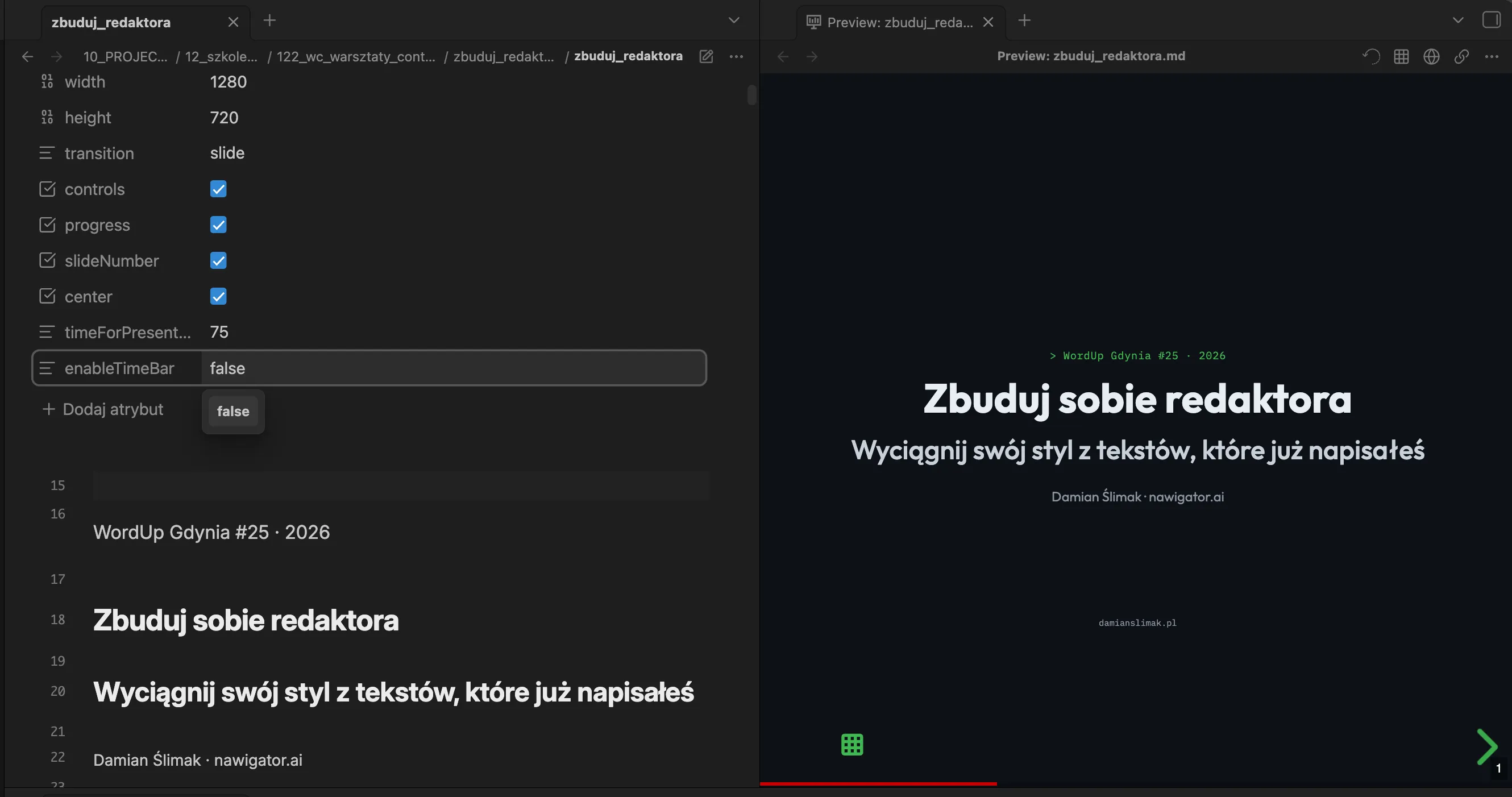 Obsidian z plikiem prezentacji po lewej i podglądem slajdów Slides Extended po prawej