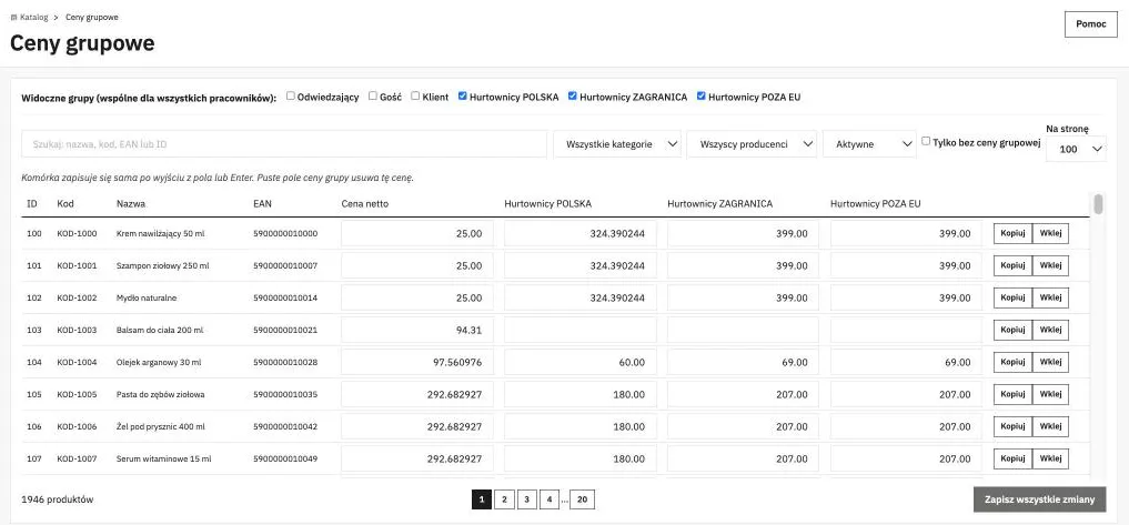 Tabela cen grupowych w panelu PrestaShop: produkty w wierszach, cena netto i ceny trzech grup hurtowych w kolumnach