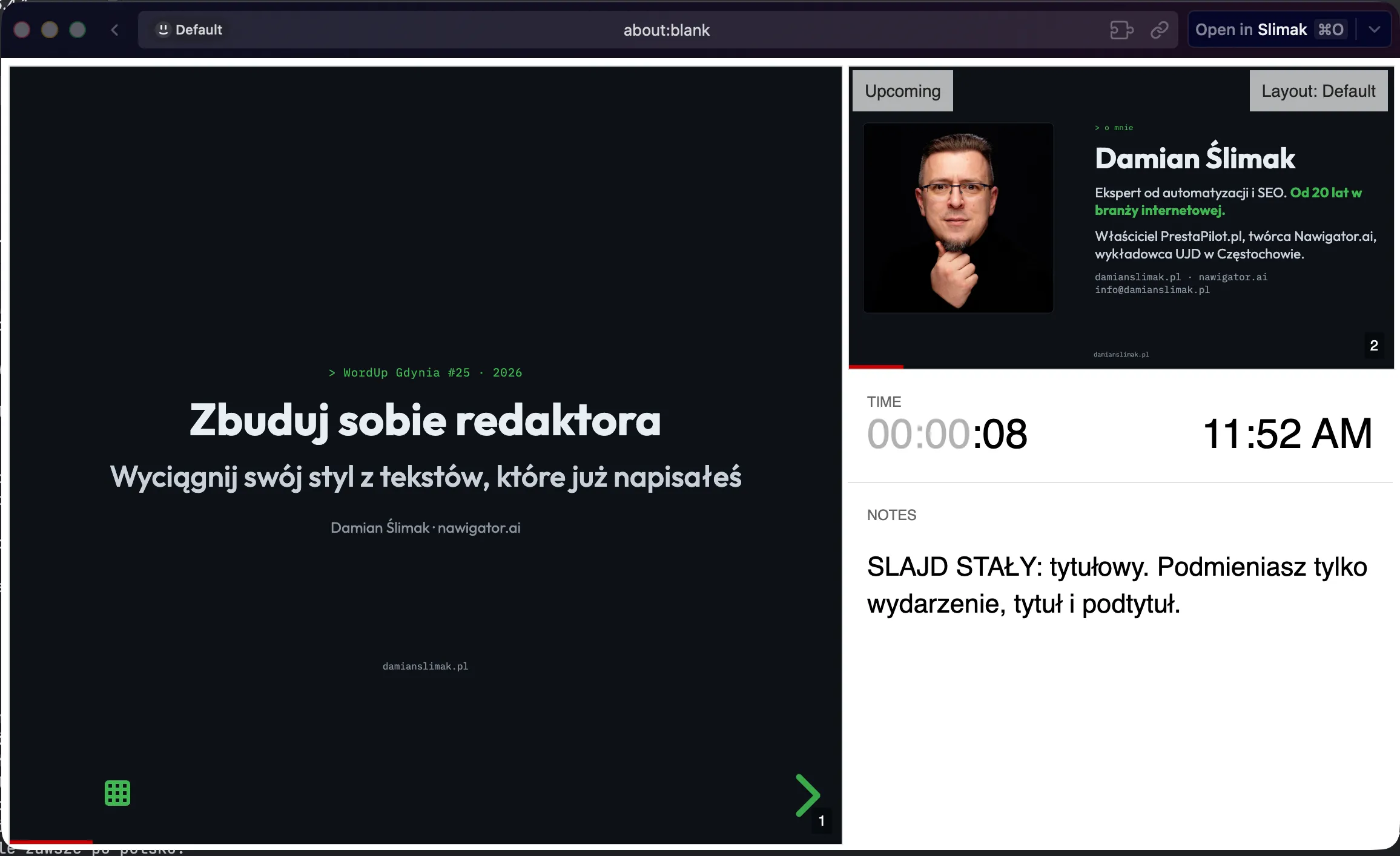 Widok prelegenta po klawiszu S: bieżący slajd, następny slajd, notatki i zegar