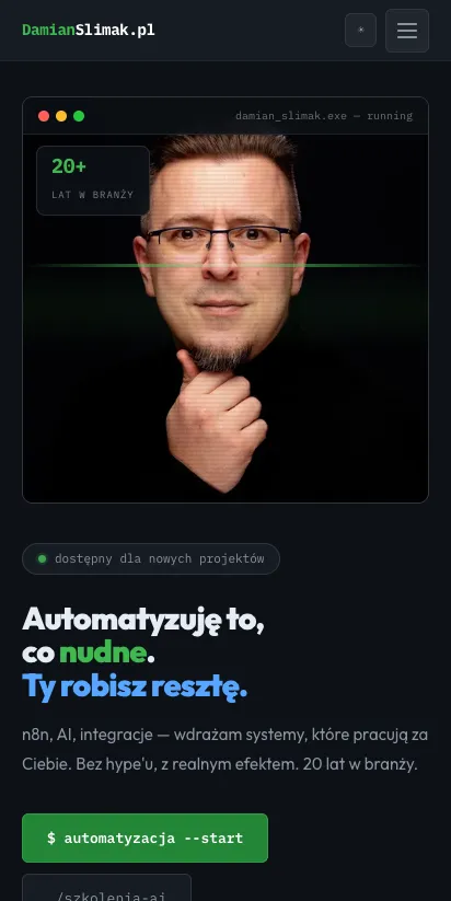 Strona damianslimak.pl — obiekt testu. Zdjęcie w hero to element LCP, do którego jeszcze wrócę.