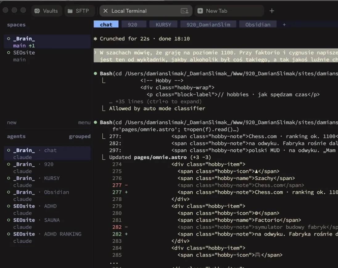herdr: przestrzenie robocze, lista agentów Claude Code i karty z sesjami