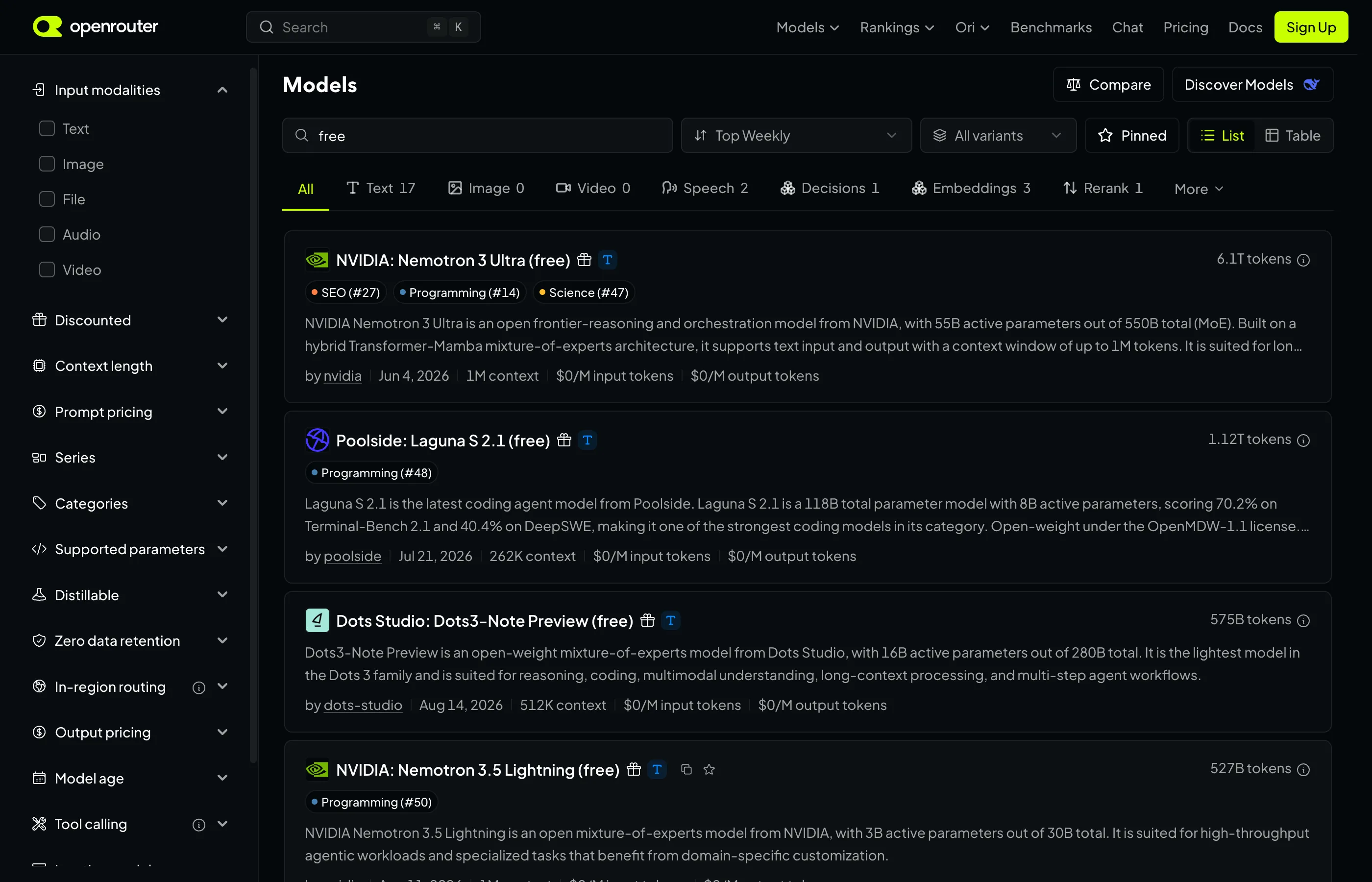 Lista modeli OpenRouter po wpisaniu frazy free