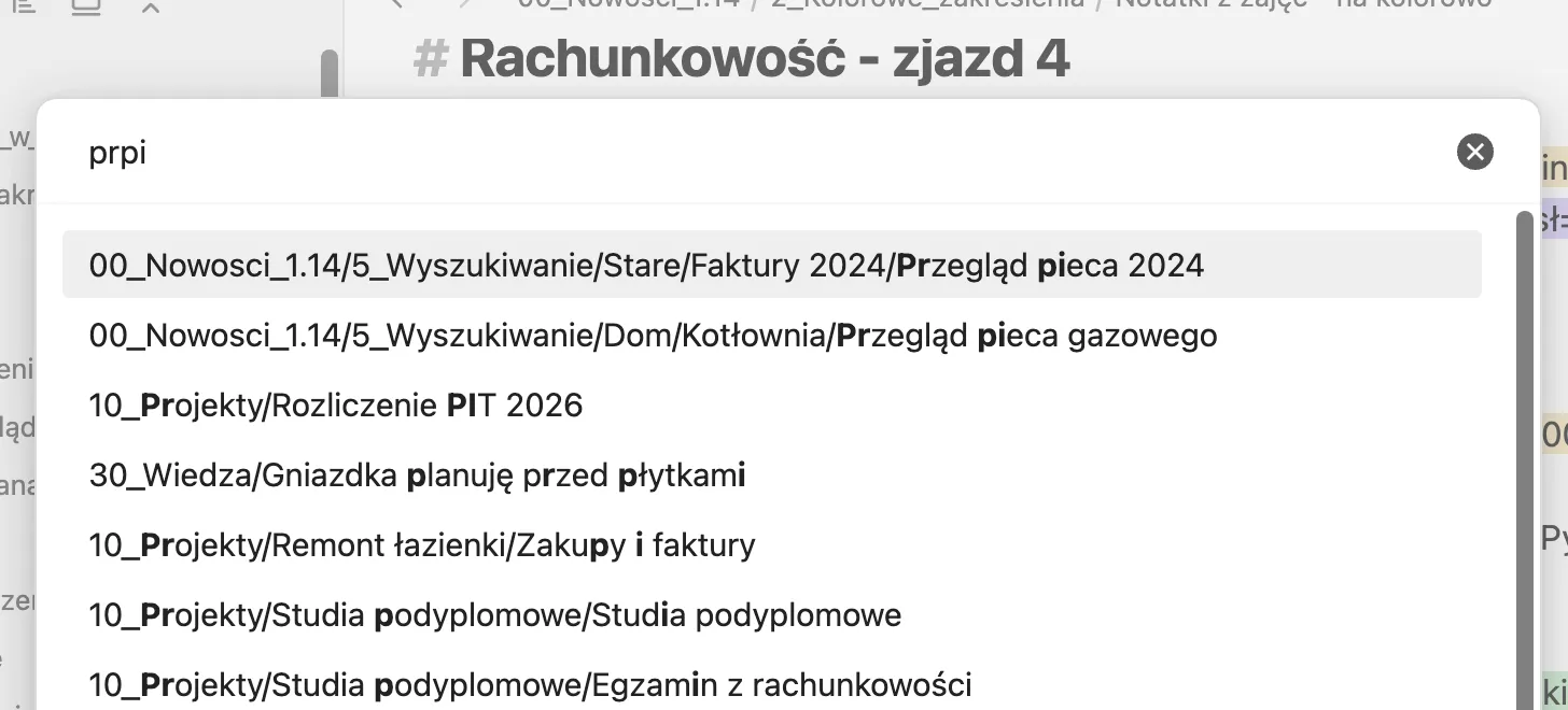 Okno szybkiego wyboru w Obsidianie 1.14 - dopasowanie do początków słów