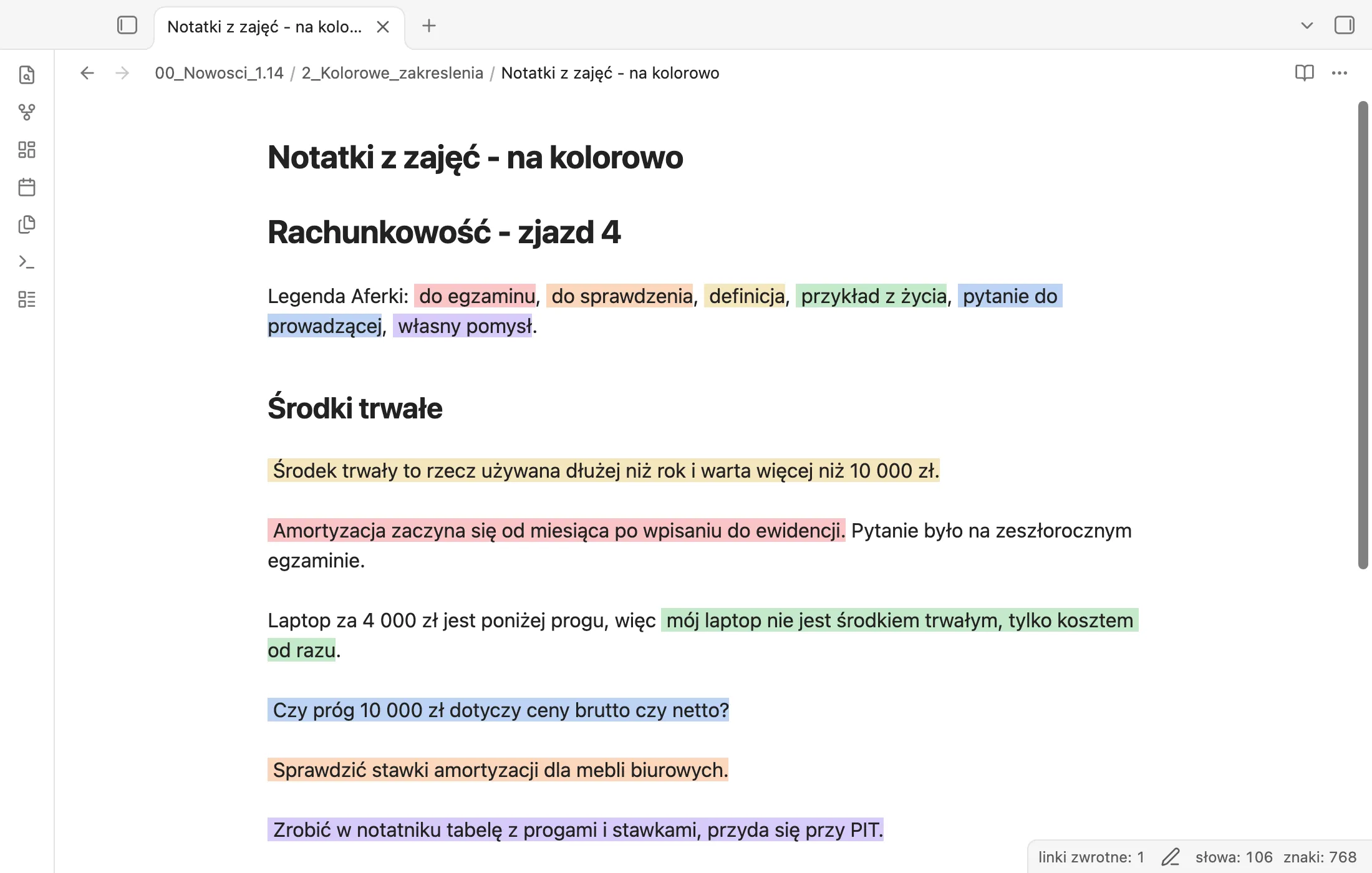 Notatka z zajęć z zakreśleniami w sześciu kolorach i legendą
